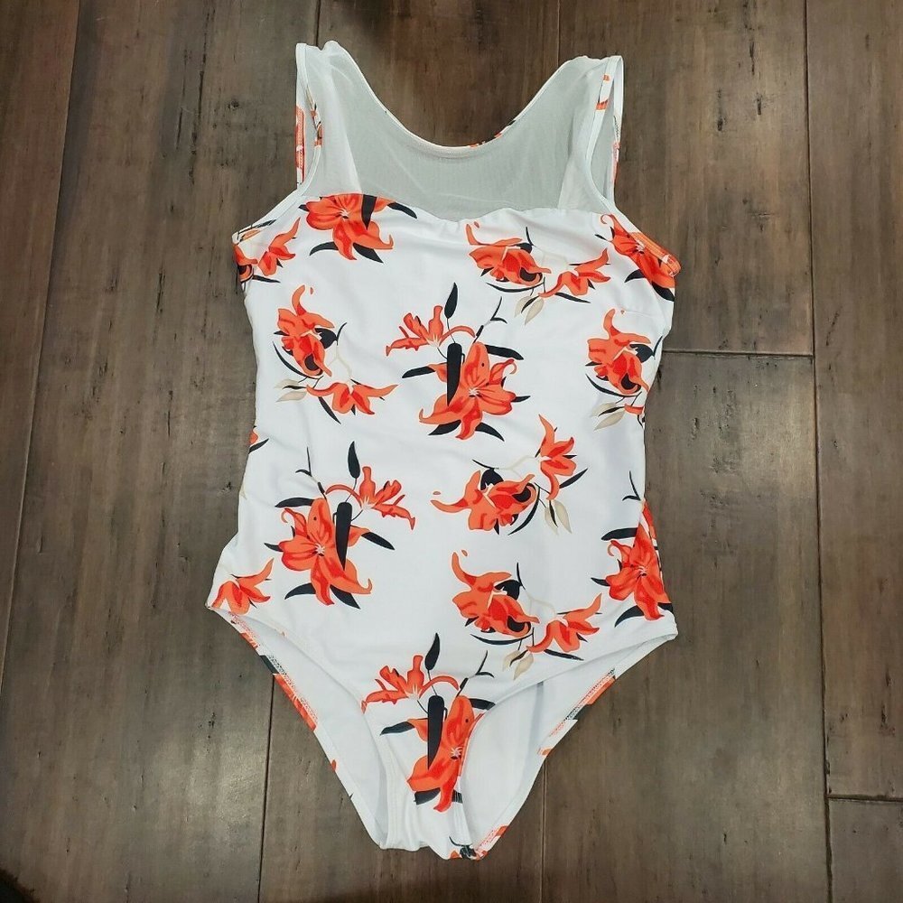 Women's Swimwear White Orange Size L One Piece Swimsuit Floral Graphic Summer